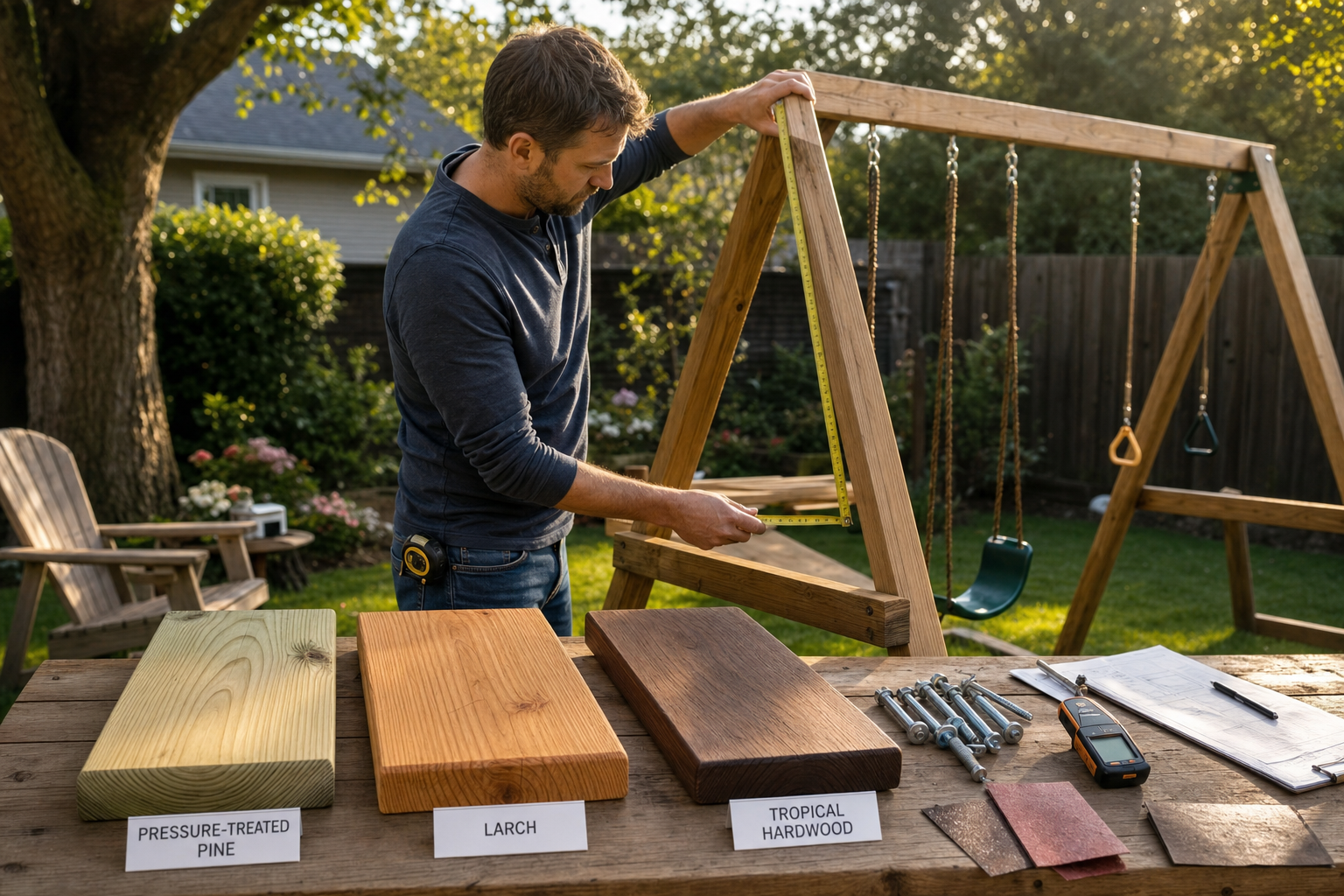 Houten speeltoestellen in de tuin