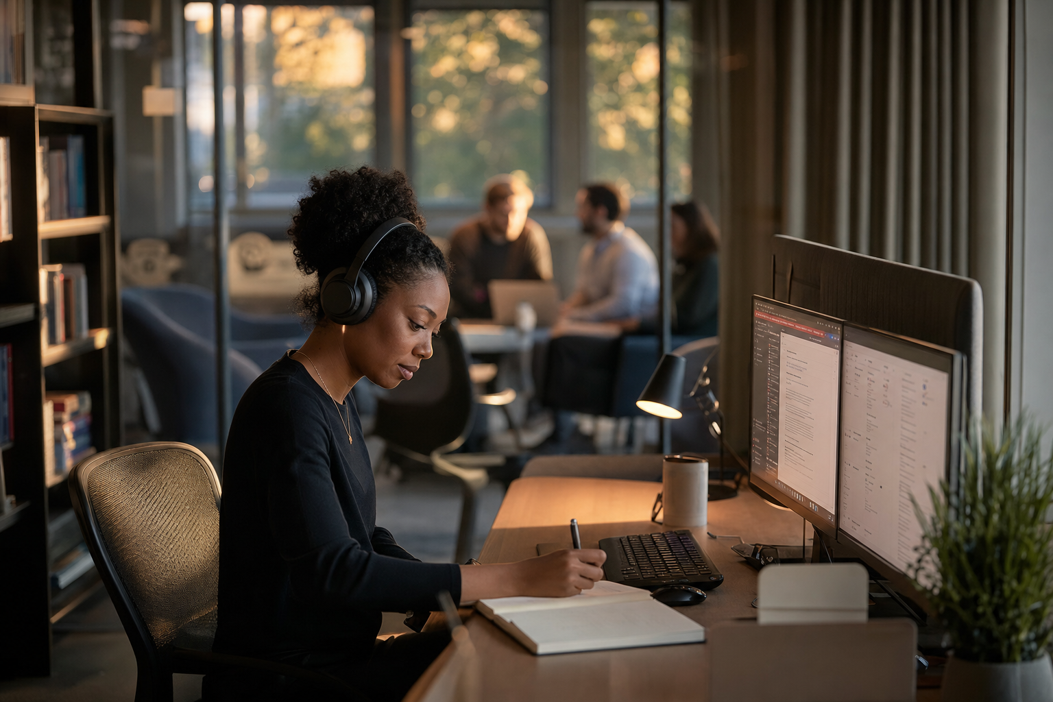Ergonomische werkplekken en akoestische panelen in kantoor